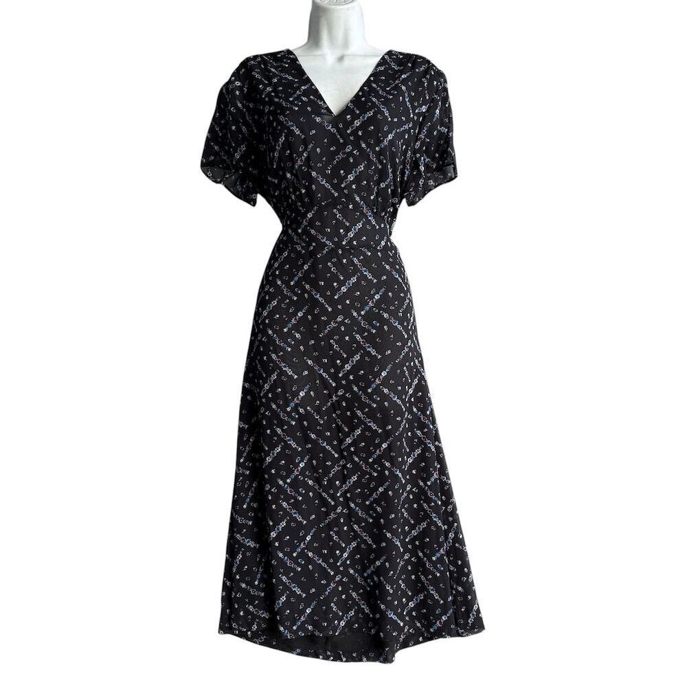 Pendleton Floral Silk Dress Size 14 Black Short Sleeve Retro Garden Tea Party